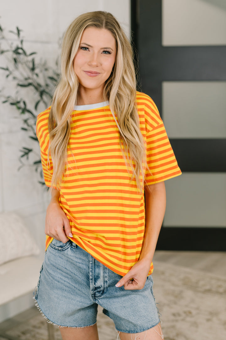 I Think I'm in Love Round Neck Loose Tee in Orange and Yellow - 6/19