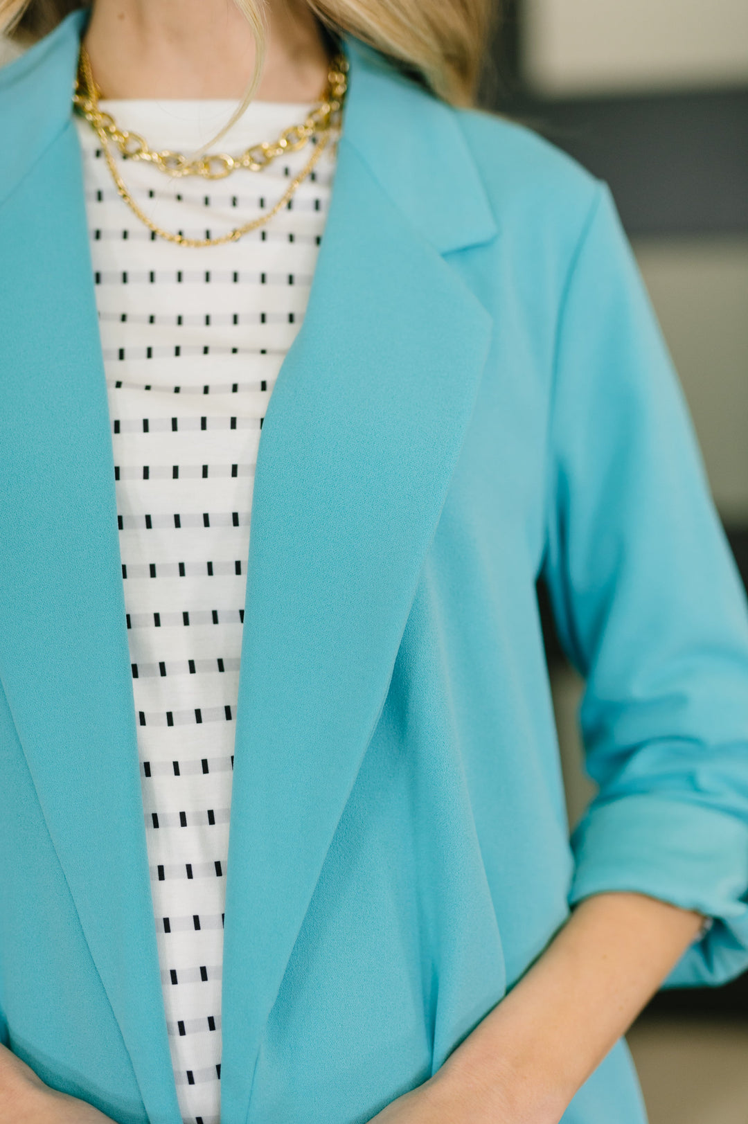 I'm Really That Gal Open Front Blazer in Aqua - 3/2