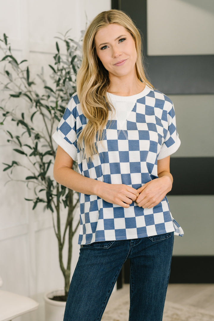 I've Been Everywhere Crew Neck Checkered Top in Blue - 4/27
