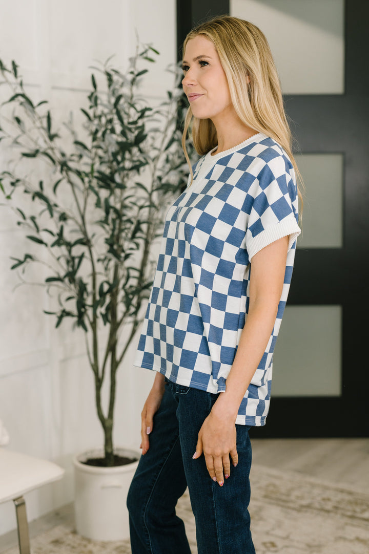 I've Been Everywhere Crew Neck Checkered Top in Blue - 4/27