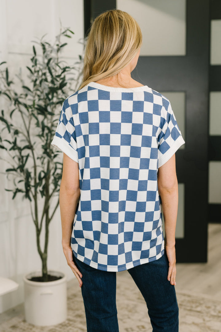 I've Been Everywhere Crew Neck Checkered Top in Blue - 4/27