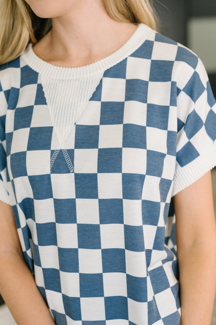 I've Been Everywhere Crew Neck Checkered Top in Blue - 4/27