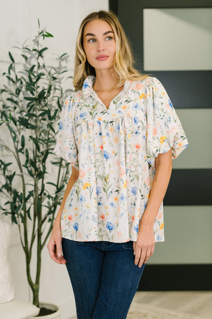 In All This Time Notch Neck Floral Blouse - 7/16