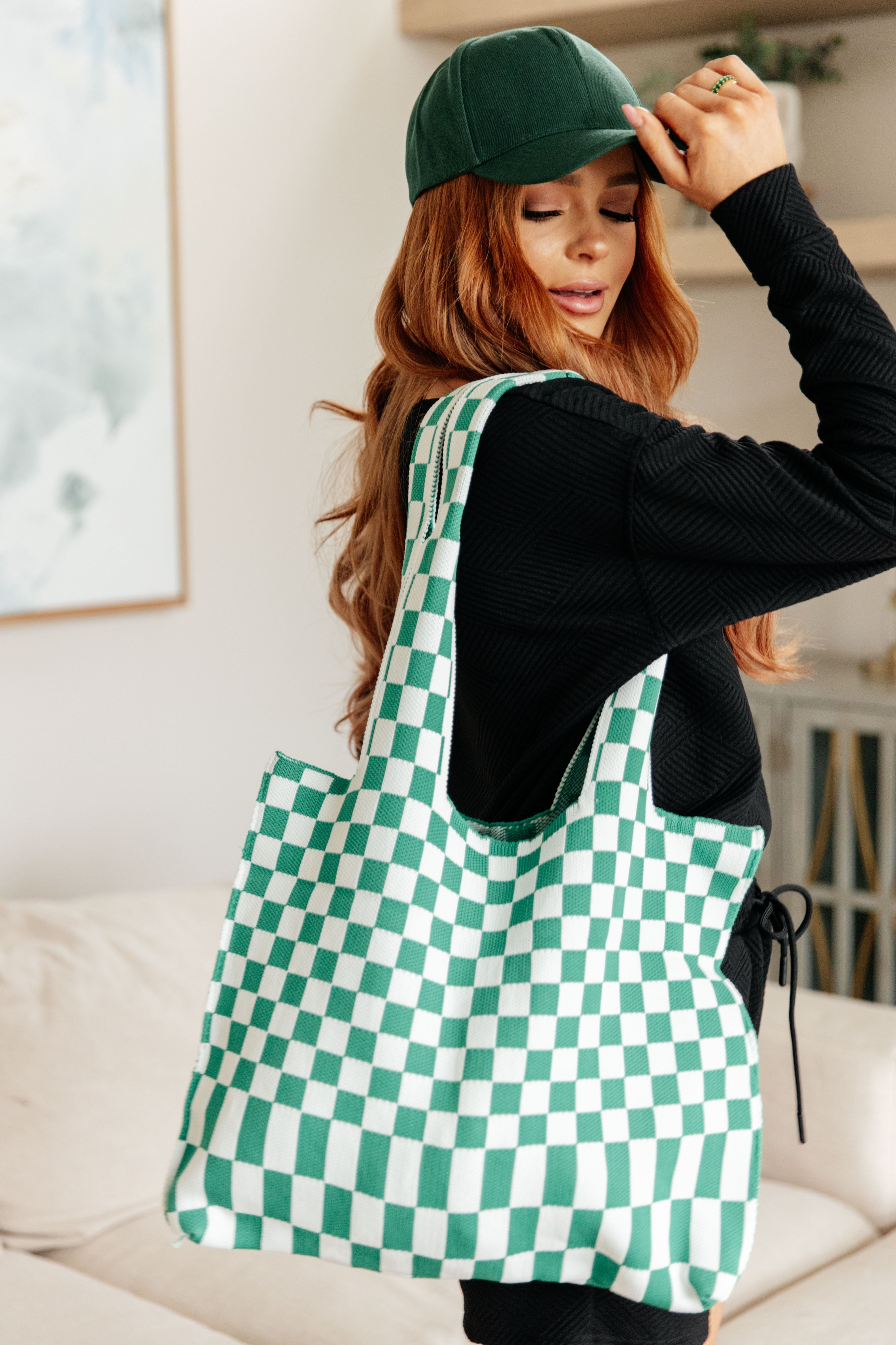 Checkerboard Lazy Wind Big Bag in Green & White - 2/13