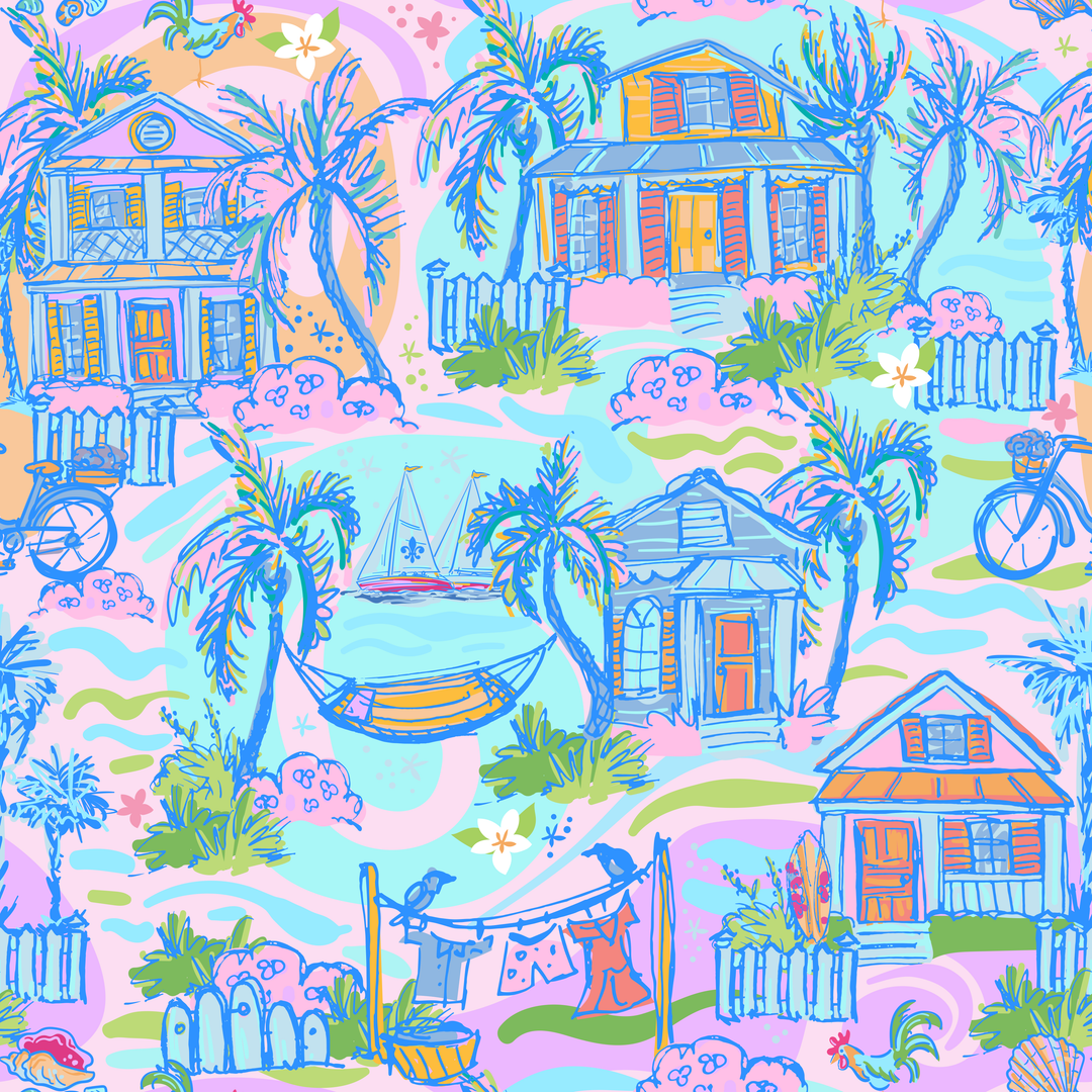 Pastel coastal toile print featuring illustrated Key West-style cottages, palm trees, hammocks, sailboats, bicycles, roosters, and clotheslines in sky blue, pink, lavender, green, and yellow on a light blue background.