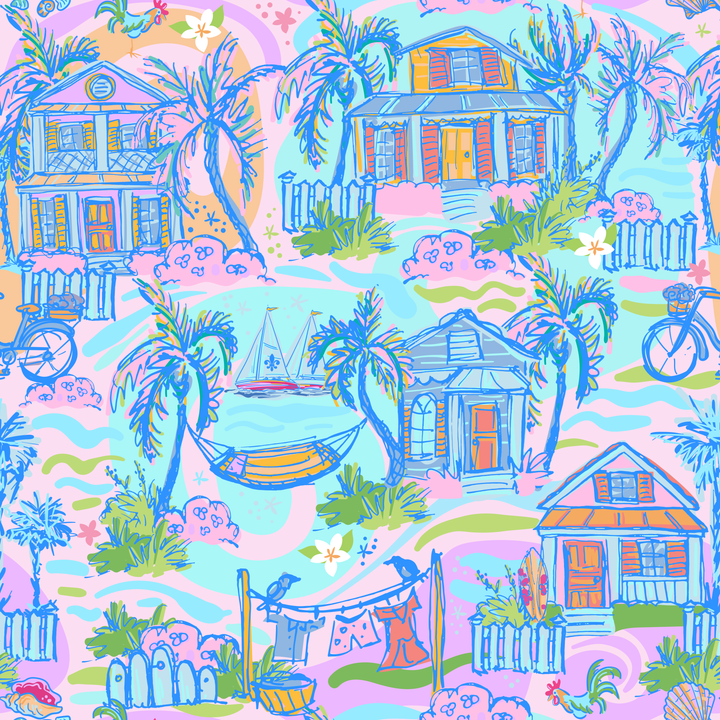 Pastel coastal toile print featuring illustrated Key West-style cottages, palm trees, hammocks, sailboats, bicycles, roosters, and clotheslines in sky blue, pink, lavender, green, and yellow on a light blue background.
