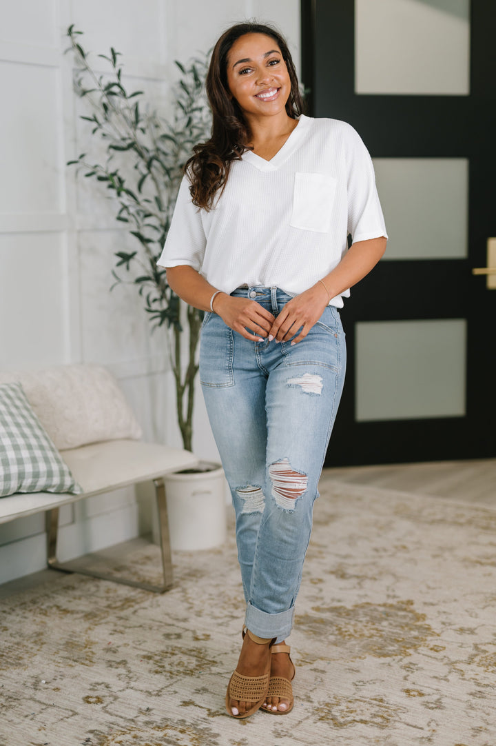 Aiden High Rise Patch Pocket Distressed Boyfriend Jeans by Judy Blue