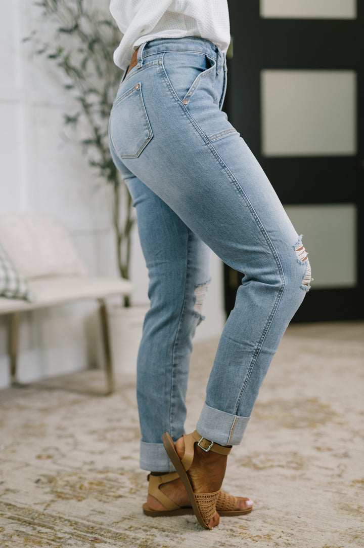 Aiden High Rise Patch Pocket Distressed Boyfriend Jeans by Judy Blue
