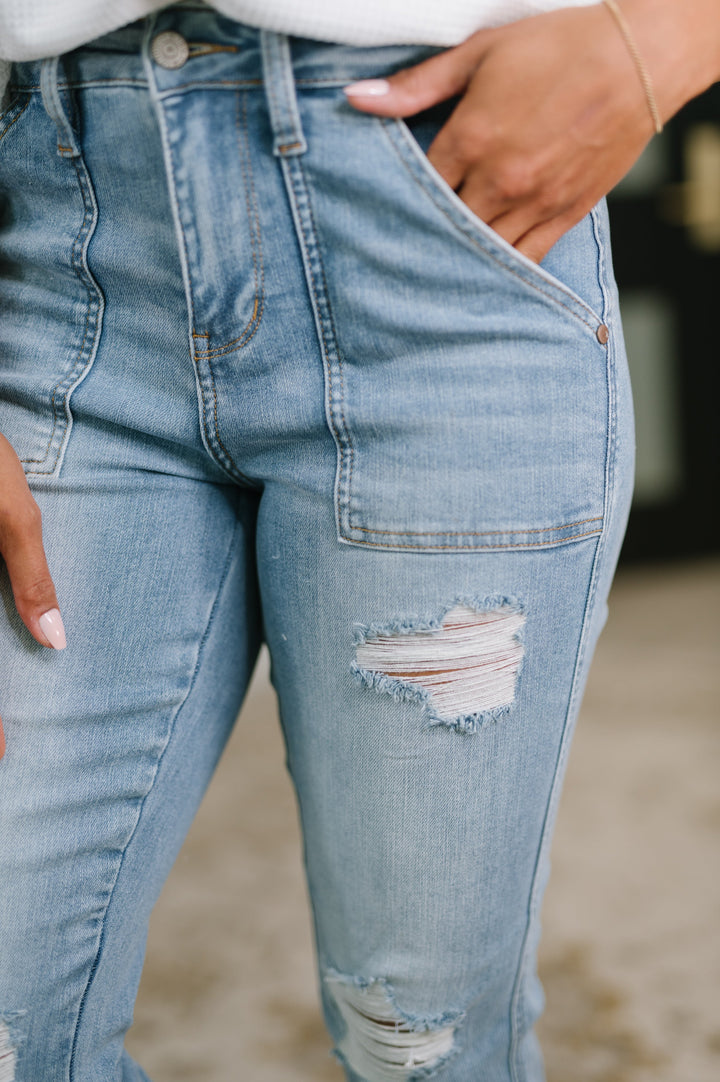 Aiden High Rise Patch Pocket Distressed Boyfriend Jeans by Judy Blue