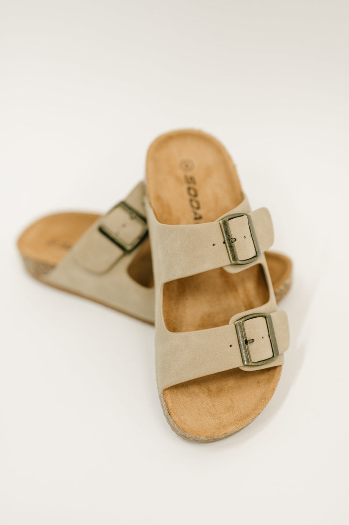 Jete Nubuck Double Buckle Slides in Light Taupe - 1/6