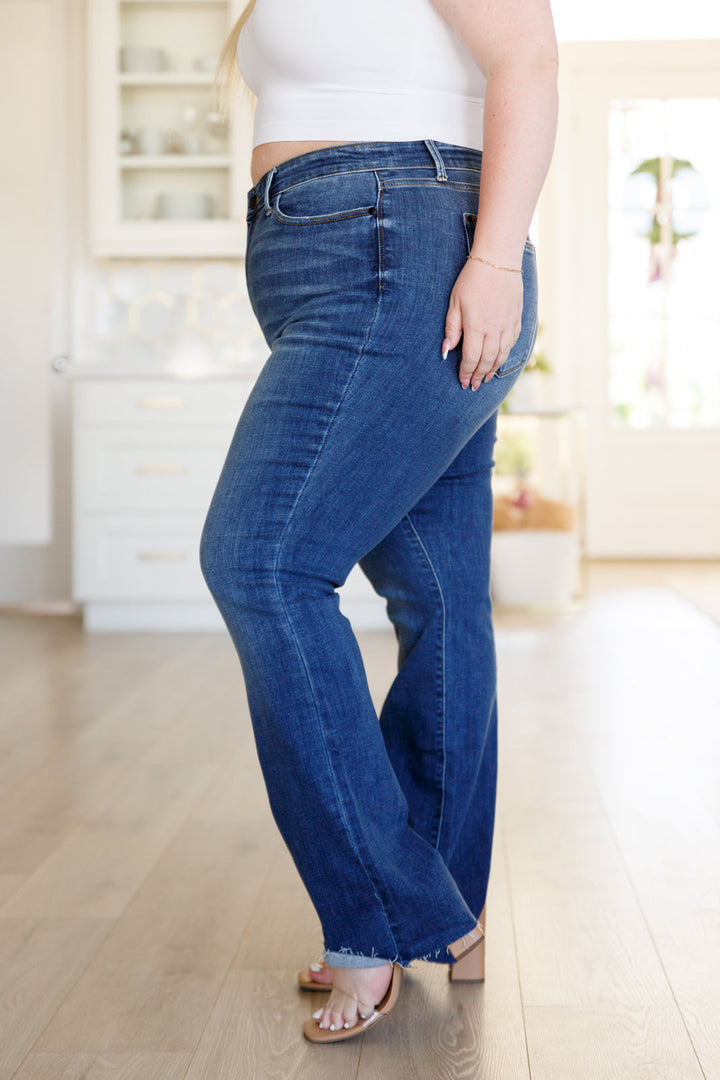 Josephine Mid Rise Raw Hem Bootcut Jeans by Judy Blue