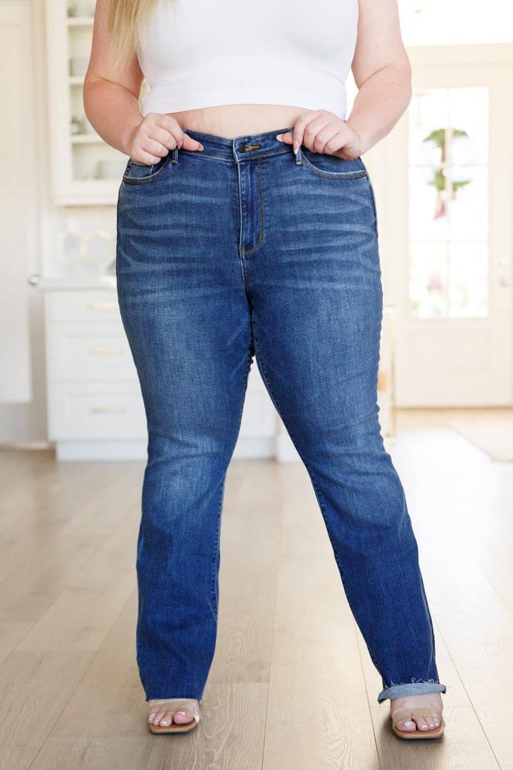 Josephine Mid Rise Raw Hem Bootcut Jeans by Judy Blue