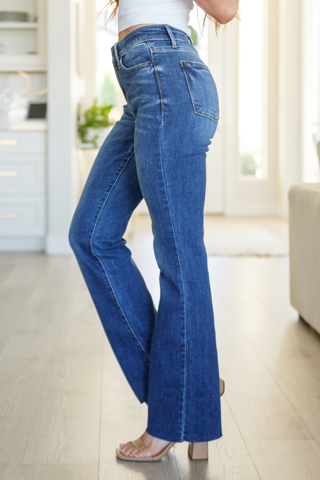 Josephine Mid Rise Raw Hem Bootcut Jeans by Judy Blue