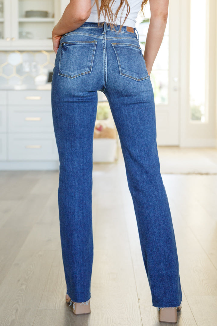 Josephine Mid Rise Raw Hem Bootcut Jeans by Judy Blue