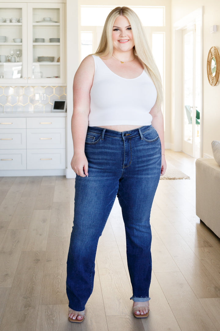 Josephine Mid Rise Raw Hem Bootcut Jeans by Judy Blue