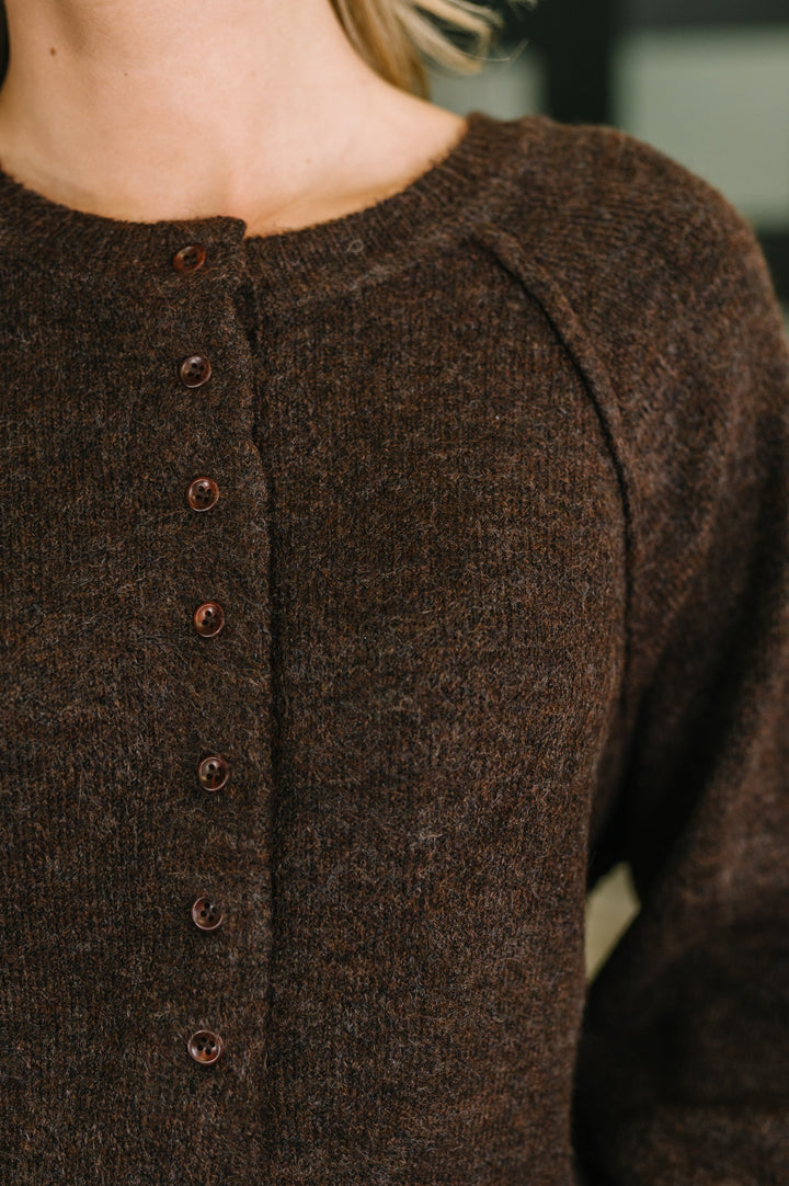 Just For Me Henley Brushed Pullover in Dark Brown - 8/12
