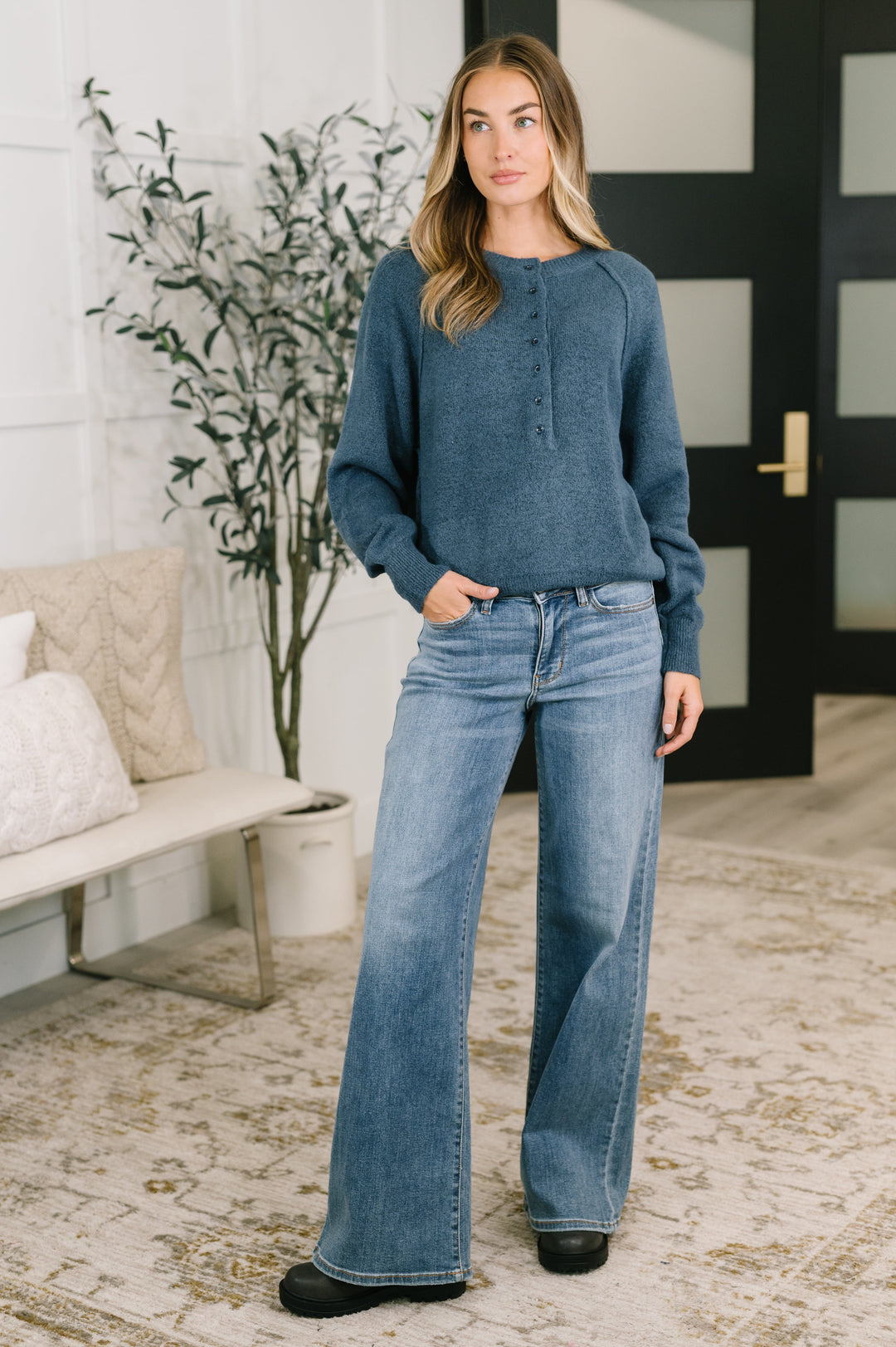 Just For Me Henley Brushed Pullover in Dusty Blue - 8/12