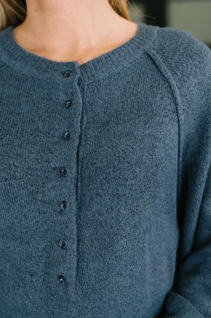 Just For Me Henley Brushed Pullover in Dusty Blue - 8/12