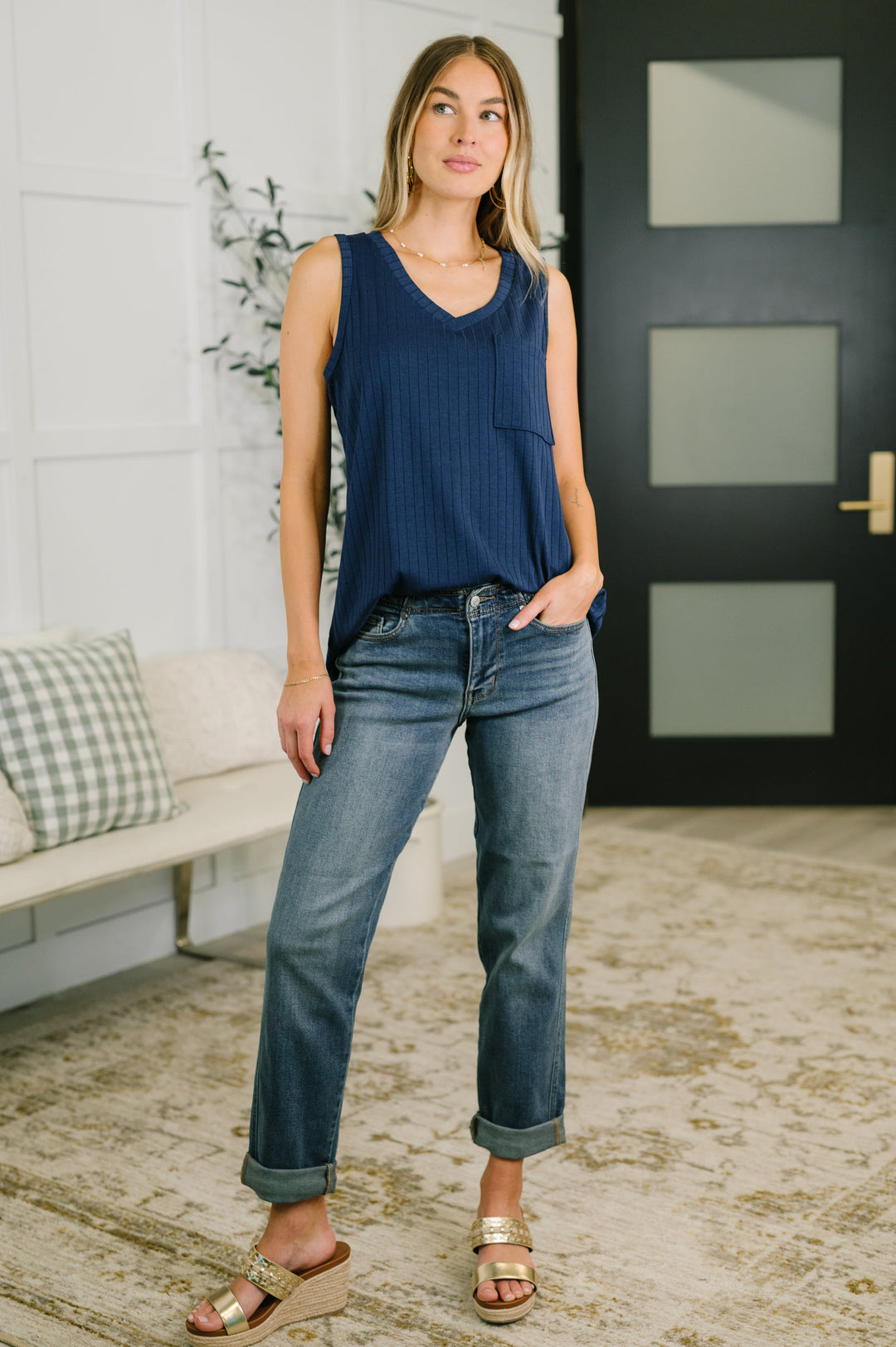 Just Give In Ribbed Knit Tank in Navy - 6/1