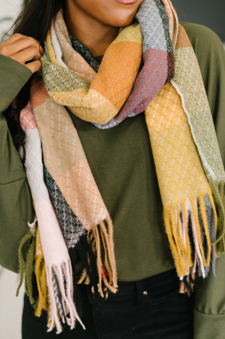 Keep Me Cozy Checkered Fringe Scarf in Pine and Petals - 12/15