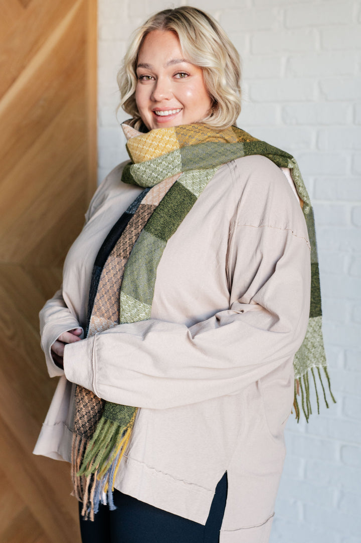 Keep Me Cozy Checkered Fringe Scarf in Woodland Shades - 12/15