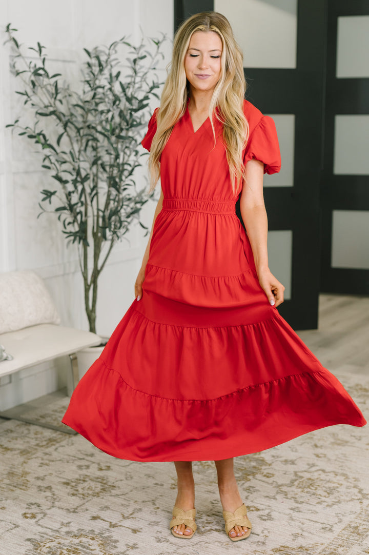 Keep You Coming Balloon Sleeve Tiered Dress in Red - 7/17