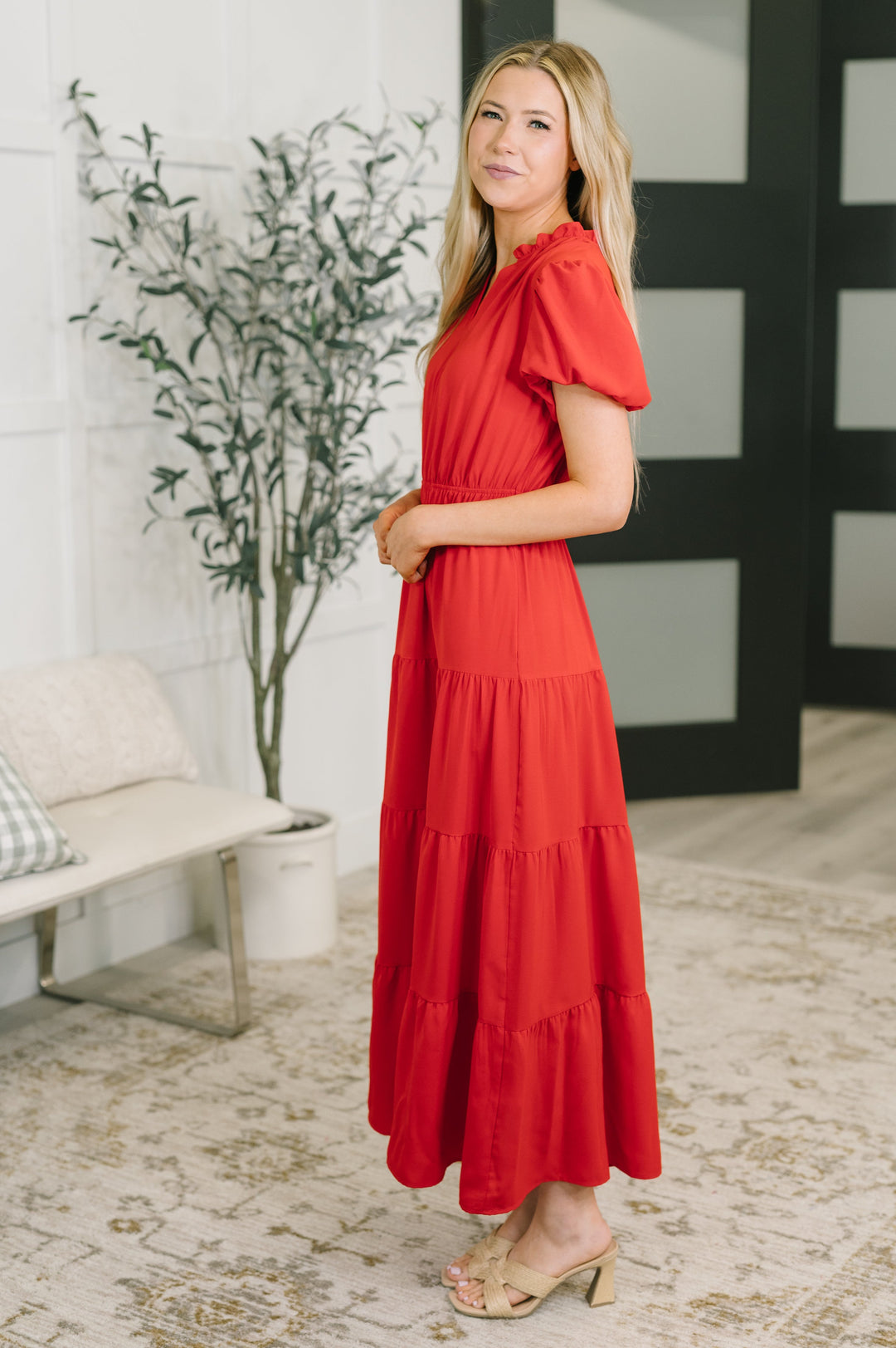 Keep You Coming Balloon Sleeve Tiered Dress in Red - 7/17