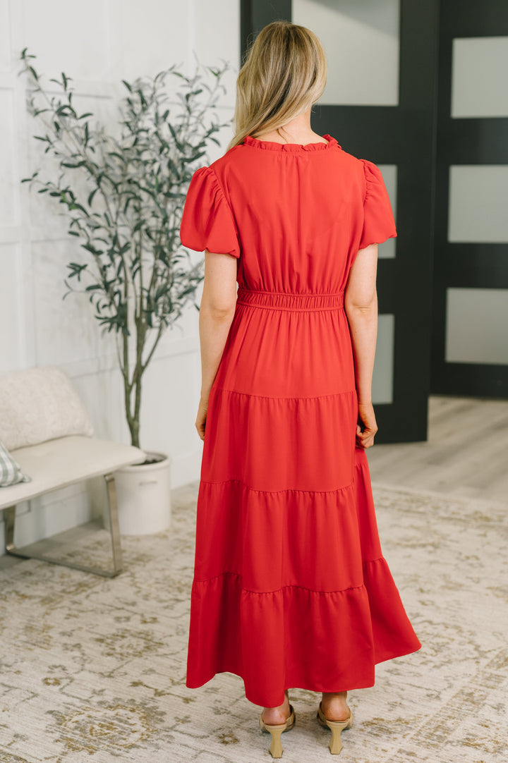 Keep You Coming Balloon Sleeve Tiered Dress in Red - 7/17