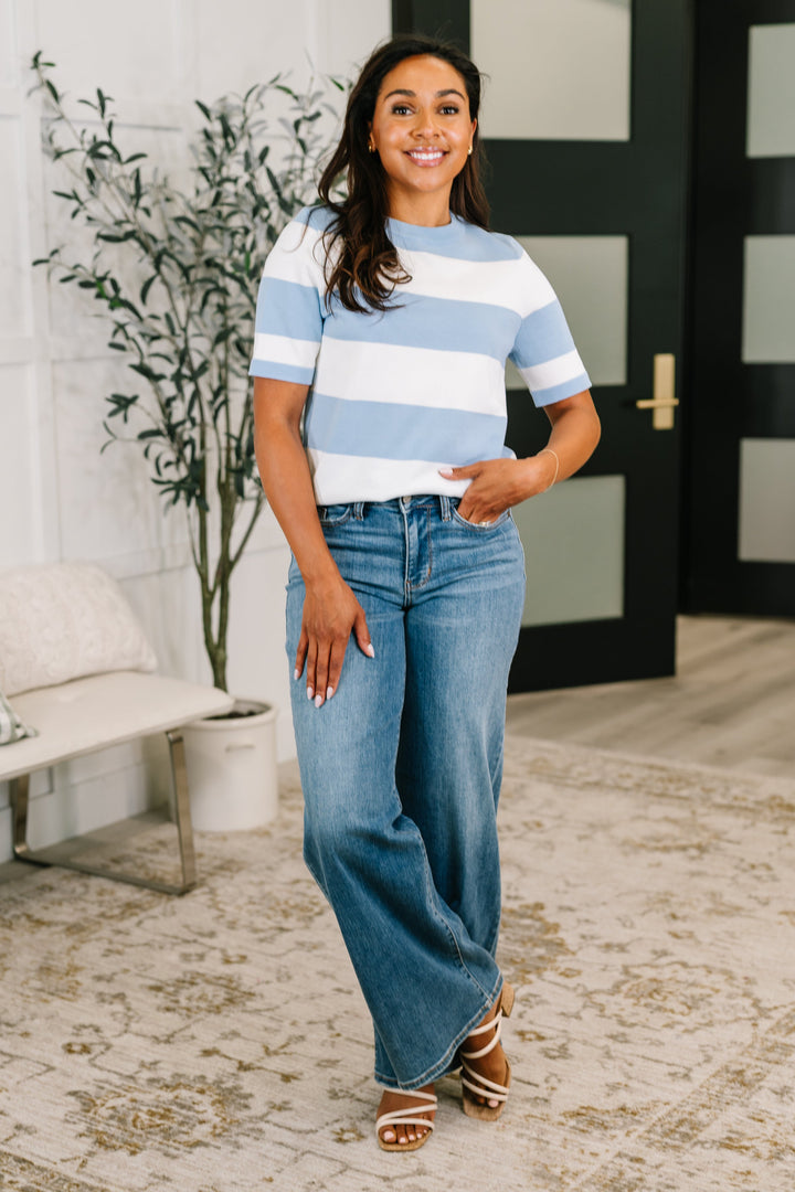 Known for a While Knit Blouse in White and Blue - 6/23