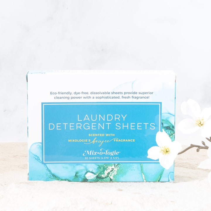 Mixologie Laundry Detergent Sheets scented with Boujee fragrance, 30 sheets, eco-friendly dye-free dissolvable sheets, box with teal and green marble ink design