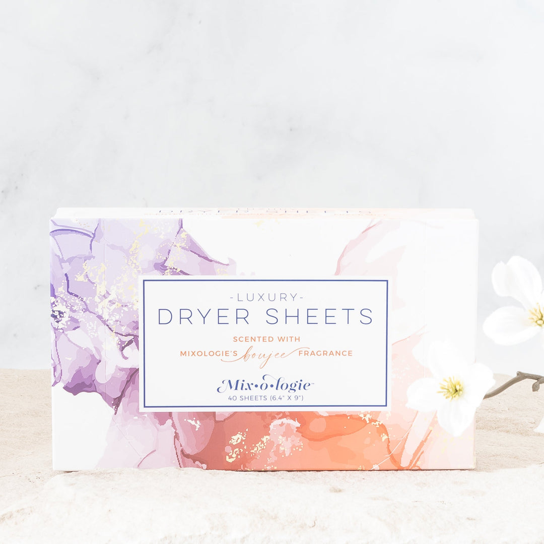 Mixologie Luxury Dryer Sheets scented with Boujee fragrance, 40 sheets, box with purple and peach marble ink design
