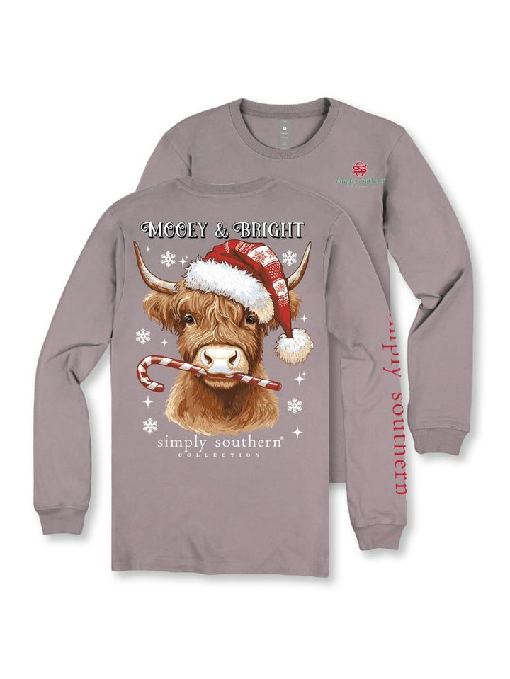 *JUNE MARKET: Mooey & Bright Christmas Highland Cow Long Sleeve Tee by Simply Southern (Ships Late September)