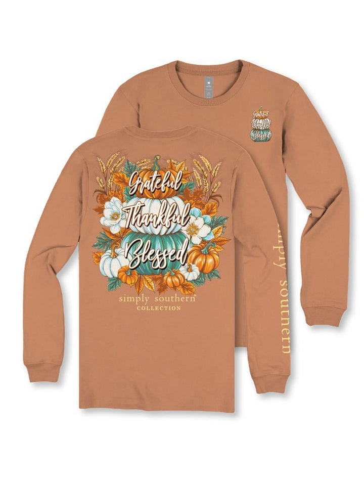*JUNE MARKET: Grateful Thankful Blessed Pumpkin Stack Long Sleeve Tee by Simply Southern (Ships Late August)