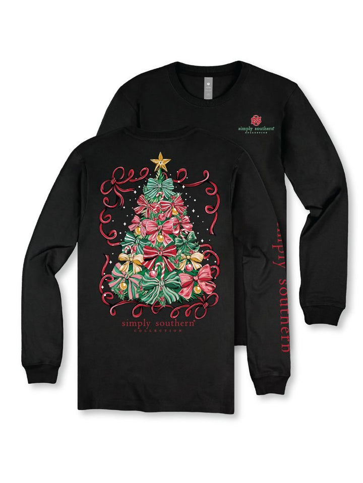 JUNE MARKET: Christmas Tree Bow Long Sleeve Tee  by Simply Southern (Ships Late September)