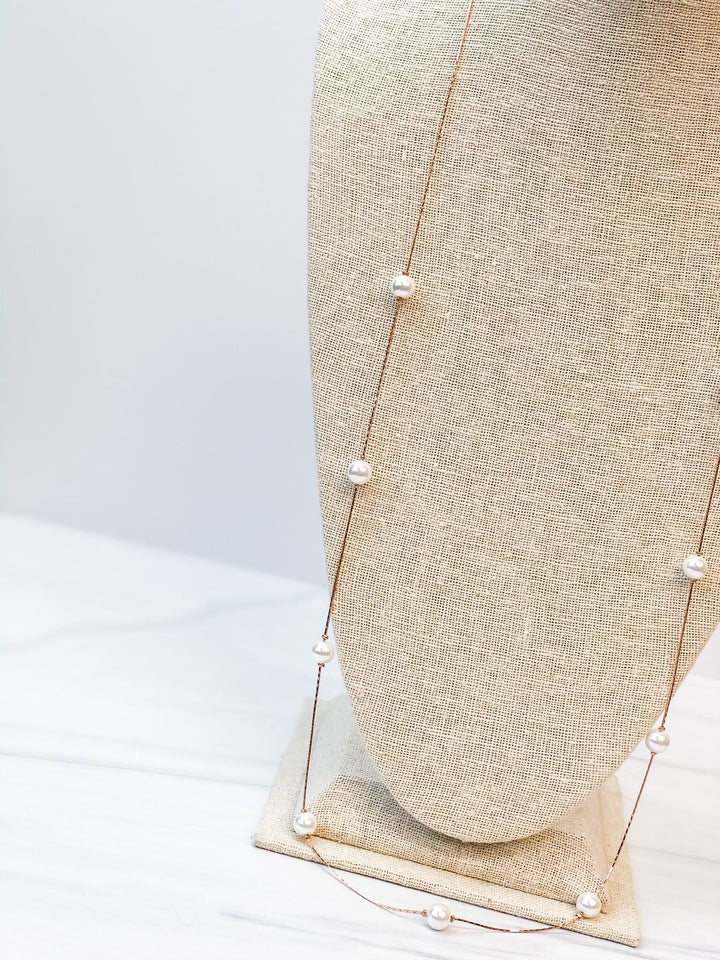 Lara Long Pearl Station Necklace - Rose Gold