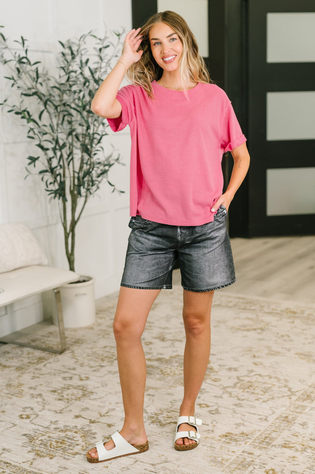 Leave It to Me Waffle Knit Relaxed Tee in  Pink - 6/30