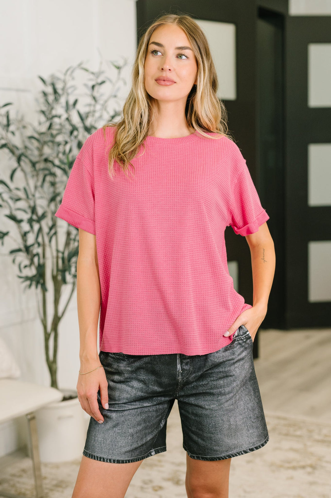Leave It to Me Waffle Knit Relaxed Tee in  Pink - 6/30