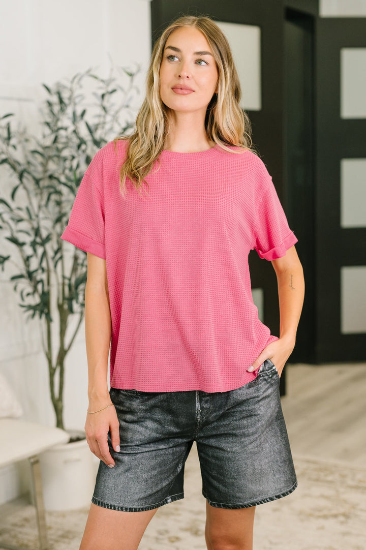 Leave It to Me Waffle Knit Relaxed Tee in  Pink - 6/30
