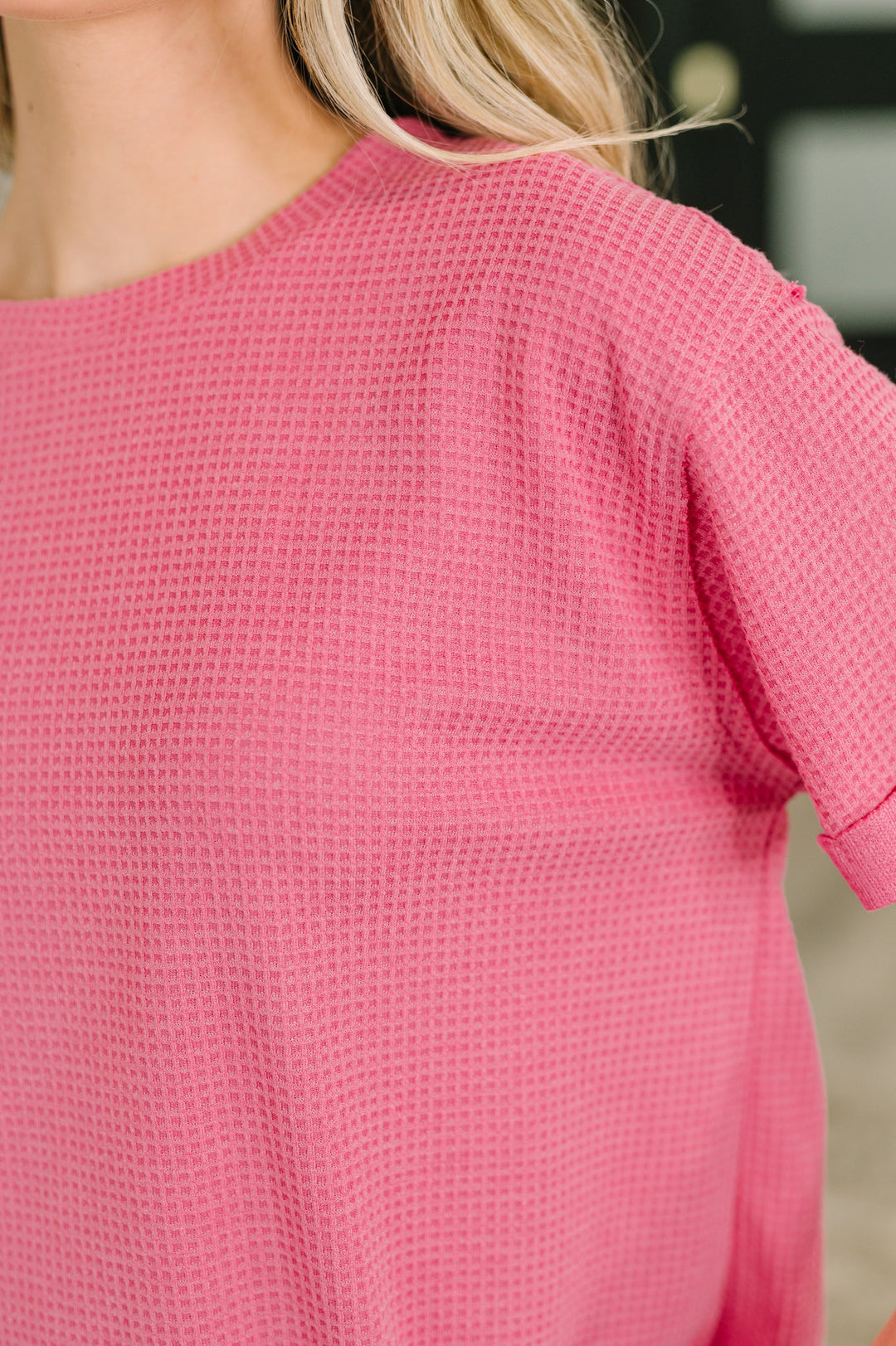 Leave It to Me Waffle Knit Relaxed Tee in  Pink - 6/30