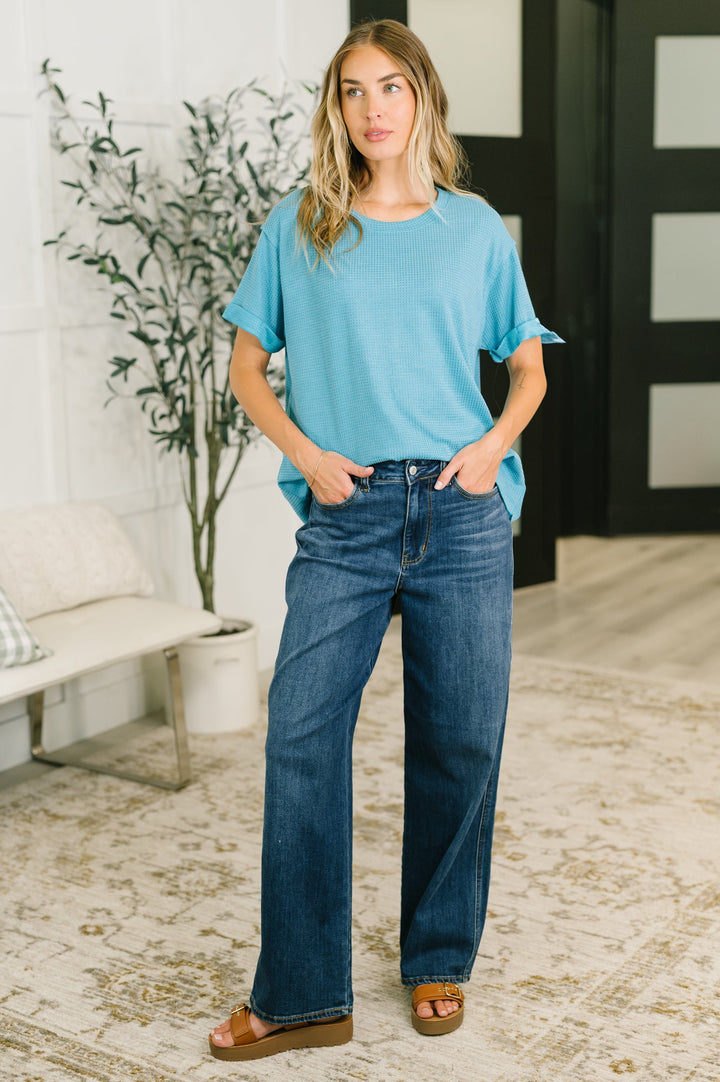 Leave It to Me Waffle Knit Relaxed Tee in Teal - 6/30