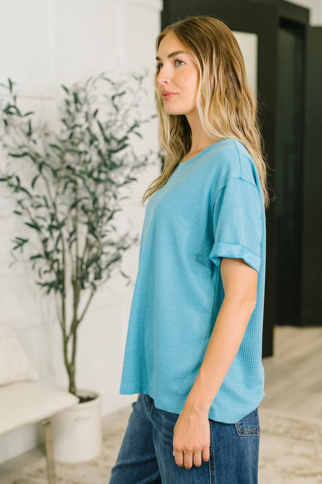 Leave It to Me Waffle Knit Relaxed Tee in Teal - 6/30