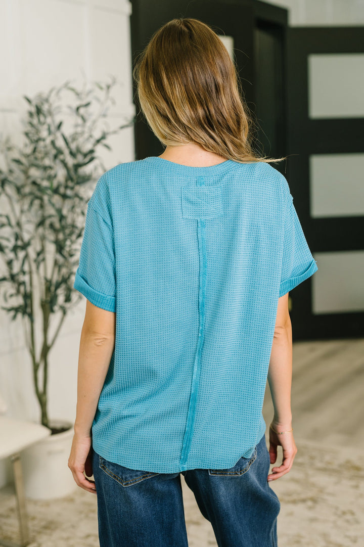 Leave It to Me Waffle Knit Relaxed Tee in Teal - 6/30
