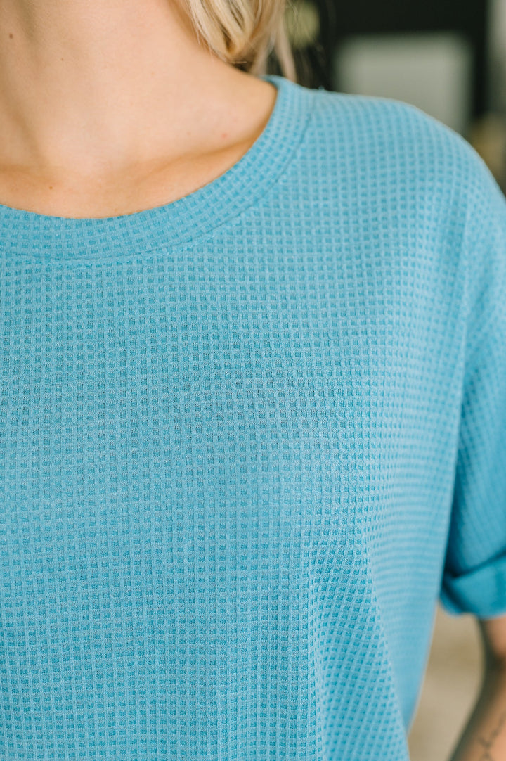 Leave It to Me Waffle Knit Relaxed Tee in Teal - 6/30