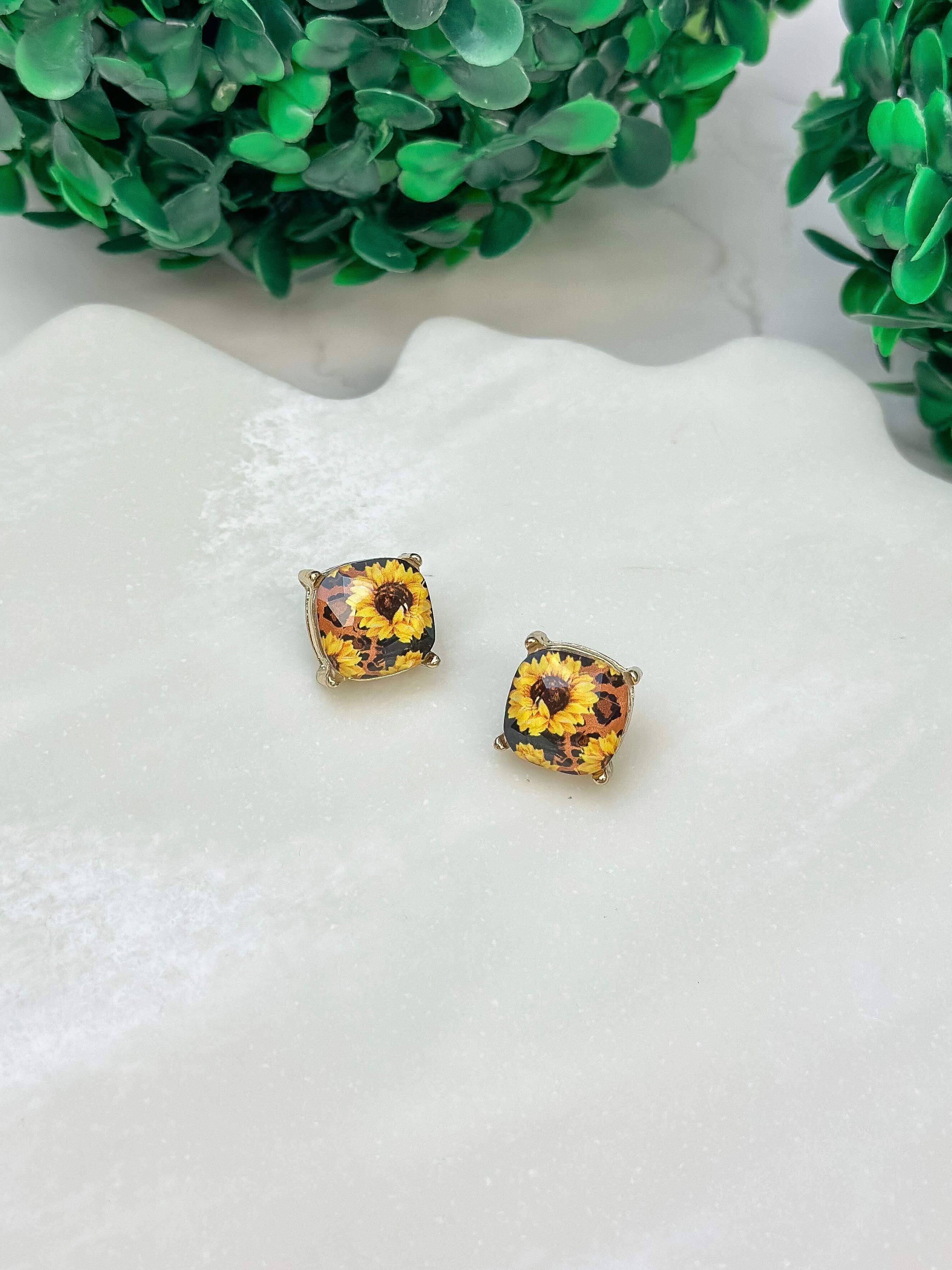 Leopard & Sunflower Printed Stud Earrings
