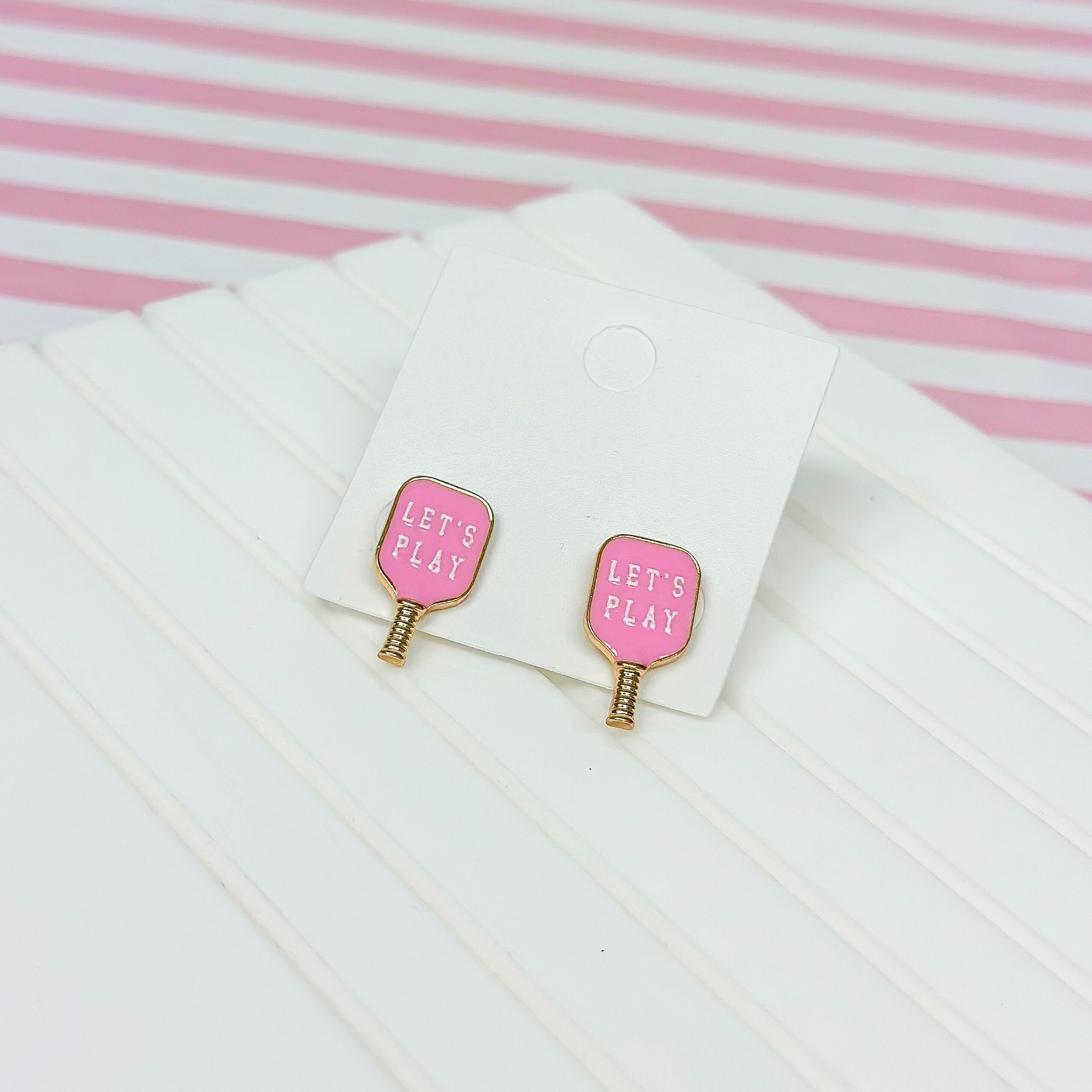 Enamel Light Pink Pickleball Stud Earrings- 'Let's Play'
