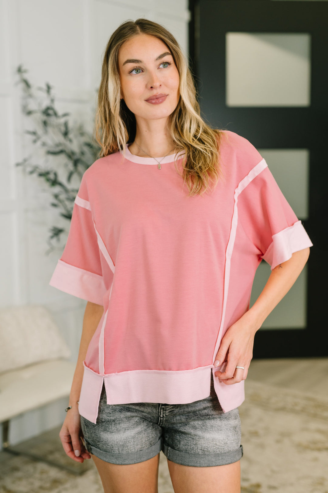 Like Two Old Friends Exposed Seam Top in Pink - 5/19