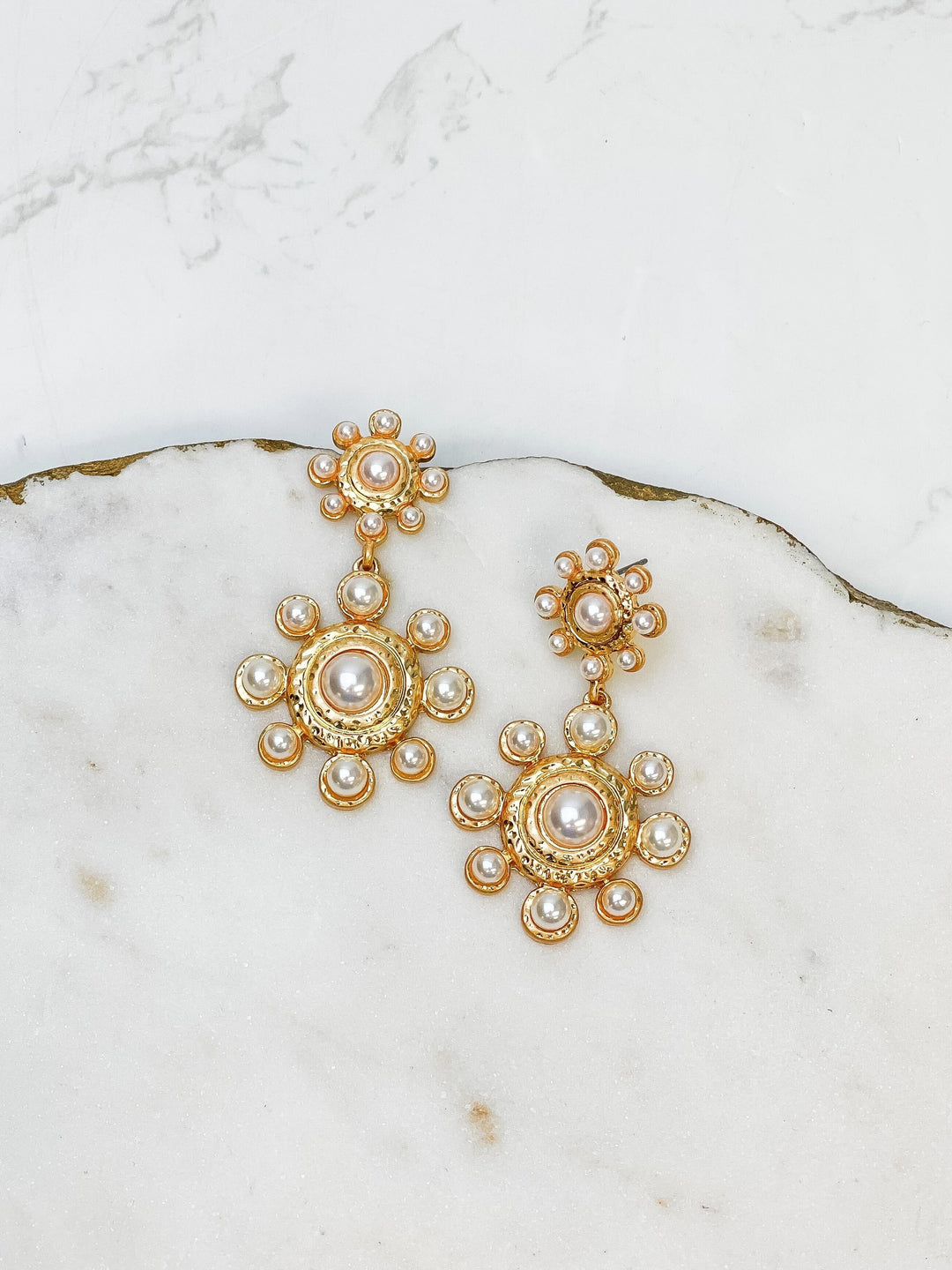 Linked Double Flower Shaped Pearl Earrings