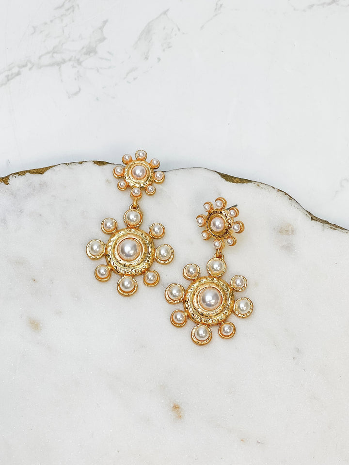 Linked Double Flower Shaped Pearl Earrings