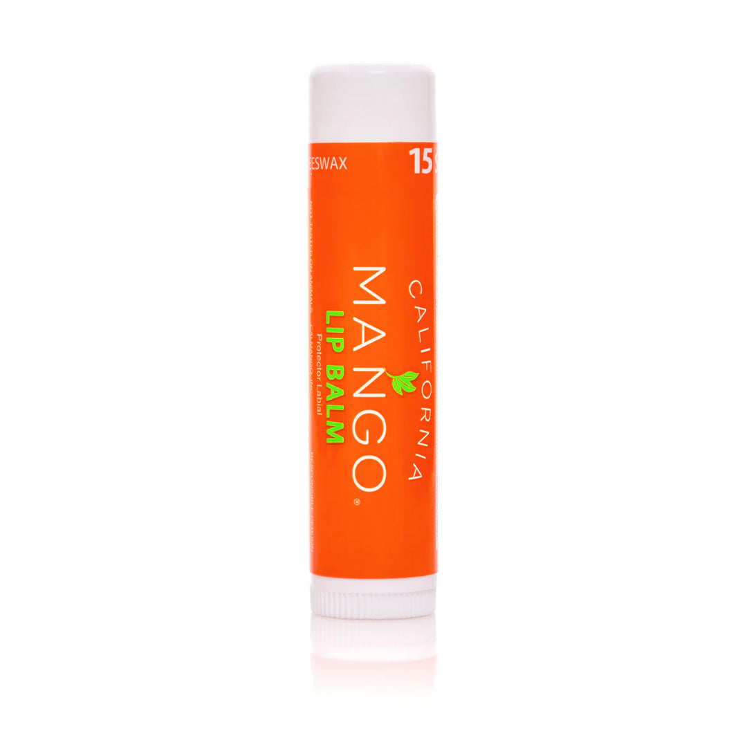 California Mango SPF 15 Lip Balm stick with orange label and beeswax formula on white background