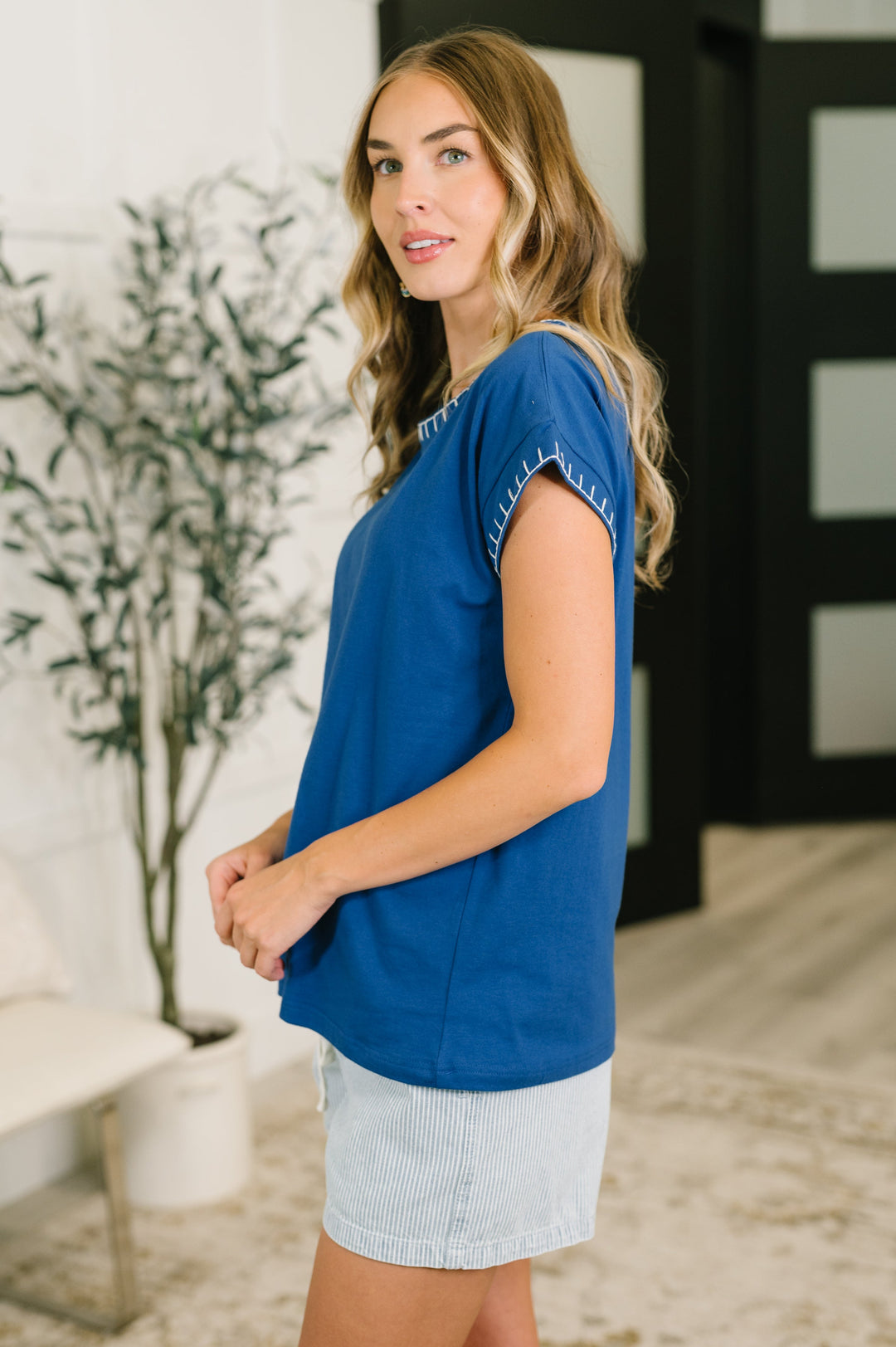 Little Details Trim Detail Top in Blue - 7/28